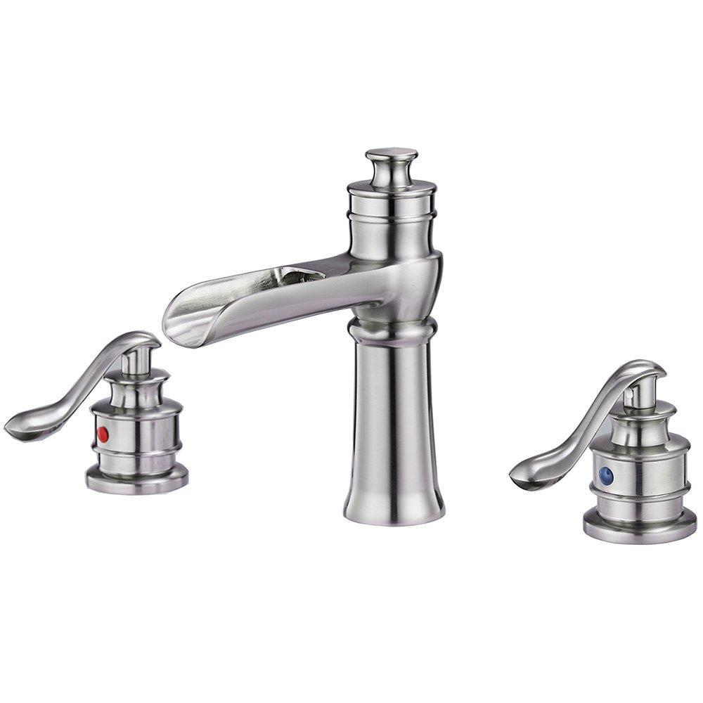 BWE Brushed Nickel Waterfall 8-16 Inch 3 Holes Two Handle Commercial Widespread Bathroom Sink Faucet Deck Mount