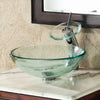 ELITE Bathroom Clear Glass Vessel Sink & Chrome Waterfall Faucet Combo & Chrome Pop Up Drain Mounting Ring