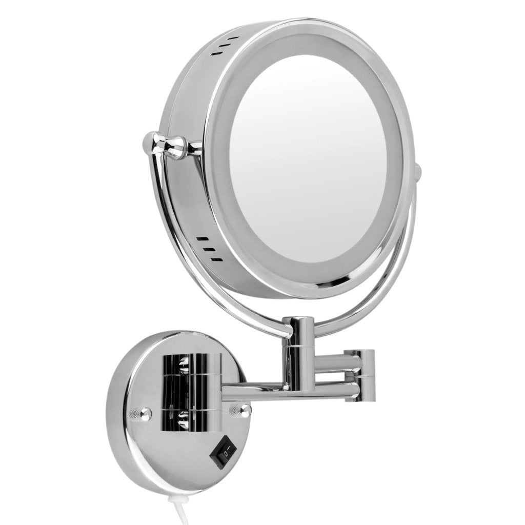 Floureon 10x Magnification 8.5 Inch Plug in Operated LED Lighted Double-Sided Wall Mounted Makeup Mirror, 2.4 Inch Thickness, 11 Inch Extension, Chrome Finish for Cosmetic Shaving Bathroom