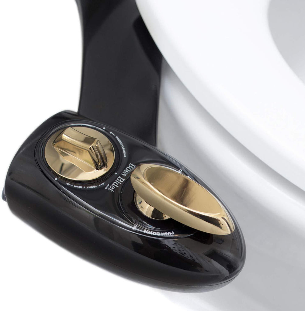 BIDET Toilet Seat Attachment by BOSS | Fresh Water Sprayer | Cleans Your Rear Better Than You Can | Dual Nozzle | Self Cleaning | Manual | Non Electric | BOLD Black & Gold | 1 Year Warranty