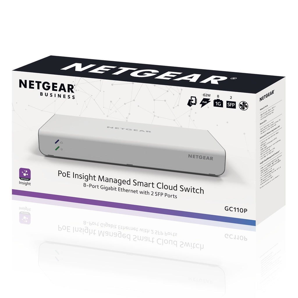 NETGEAR 8 Port Gigabit Ethernet 62W PoE L2+ Smart Switch with Insight Remote Management, 2 Port SFP Fiber (GC110P)