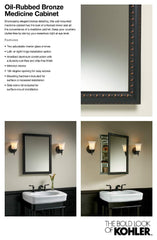 KOHLER K-2967-BR1 20 inch x 26 inch Aluminum Bathroom Medicine Cabinet with Oil-Rubbed Bronze Framed Mirror Door; Recess or Surface Mount