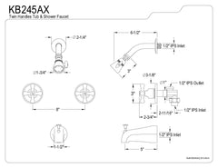 Kingston Brass KB245AX Twin Handle Tub and Shower Faucet with Decor Cross Handle, Oil Rubbed Bronze