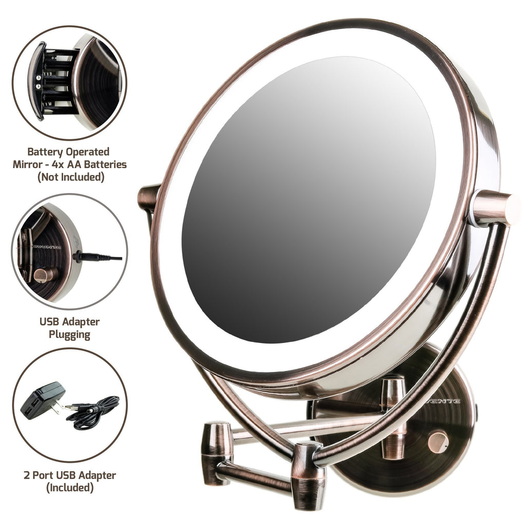 Ovente Wall Mount,USB Adapter Operated, Dimmable LED Lighted Makeup Mirror, 1x/7x Magnification, 9.5 inch, Antique Brass (MLW45AB1x7x)