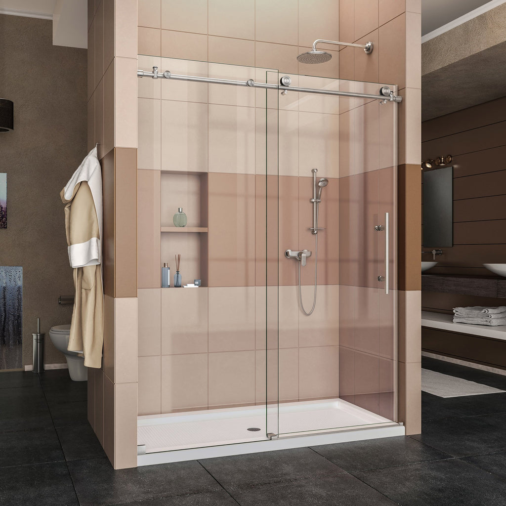 DreamLine Enigma-X 56-60 in. W x 76 in. H Fully Frameless Sliding Shower Door in Brushed Stainless Steel, SHDR-61607610-07